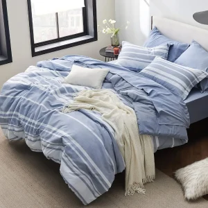California King Comforter Set 7 Pieces Blue Striped Bedding Set
